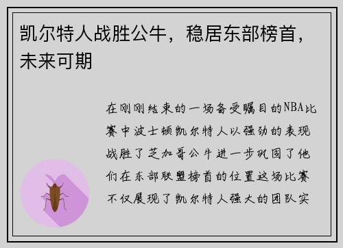 凯尔特人战胜公牛，稳居东部榜首，未来可期
