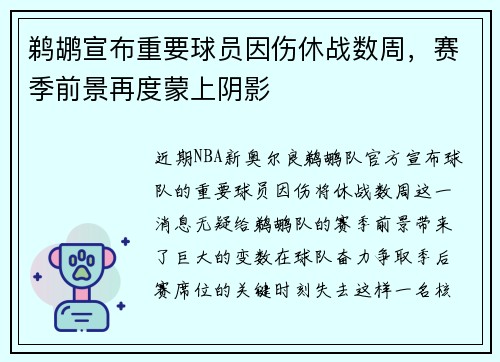 鹈鹕宣布重要球员因伤休战数周，赛季前景再度蒙上阴影